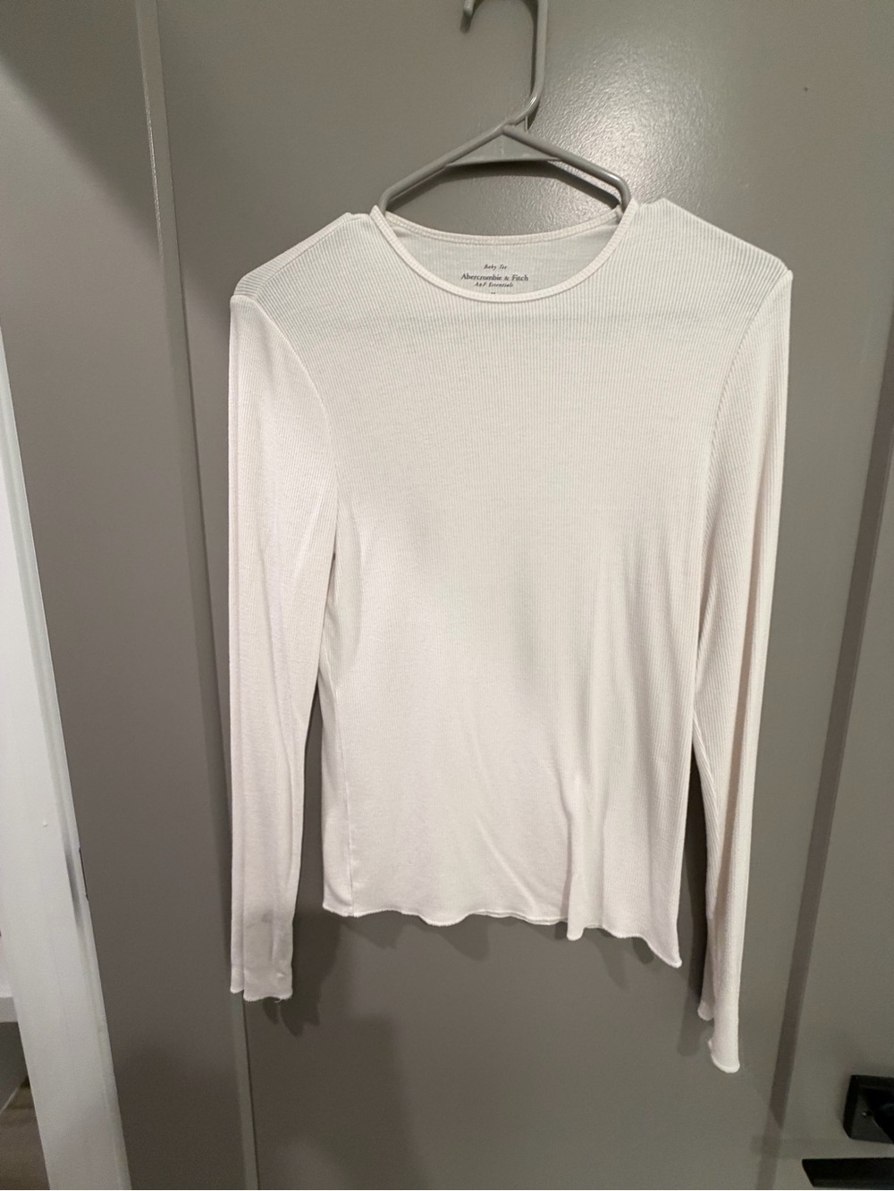 Abercrombie & Fitch Cream Ribbed Long-Sleeve Crewneck Top